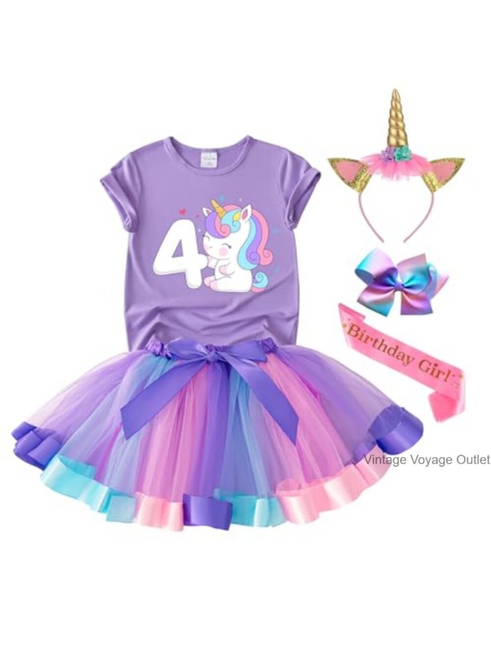 Unicorn Birthday Tutu Dress Outfit Set for Girls Shirt Crown Sash